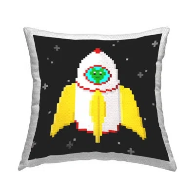 Stupell Industries Pixel Alien In Space Outdoor Printed Pillow By June Erica Vess In Black