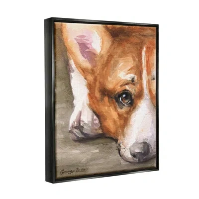 Stupell Industries Pleasant Corgi Puppy Dog Gazing Lying Down By George Dyachenko - Floater Frame Rectangle Painting On In Jet Black Floater Frame