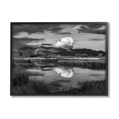 Stupell Industries Puffy Cloud Over Mountain Grassy Marsh Landscape By Steve Smith - Floater Frame Photograph On Wood In Midnight Black Framed Giclee