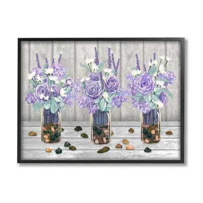 Stupell Industries Purple Rose Bouquet Trio Scattered Rustic Rocks By Ziwei Li - Floater Frame Graphic Art On Canvas In Midnight Black Framed Giclee