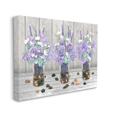 Stupell Industries Purple Rose Bouquet Trio Scattered Rustic Rocks By Ziwei Li - Floater Frame Graphic Art On Canvas In Wrapped Canvas