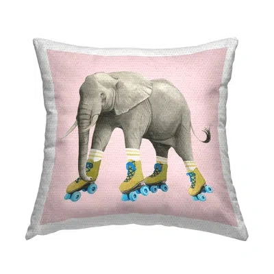Stupell Industries Quirky Elephant Roller Skating Retro Pink Outdoor Printed Pillow By Grace Popp In Gray;pink