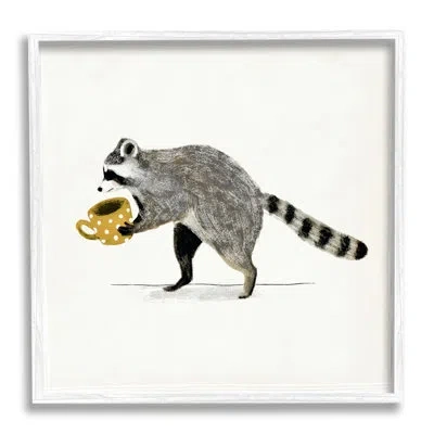 Stupell Industries Raccoon And Coffee Mug Framed On Wood By Victoria Barnes Graphic Art In Coastal White Framed Giclee