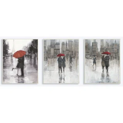 Stupell Industries "rain In The City Couple With Red Umbrella" 3 Piece Oil Painting Print Set On Wood In White