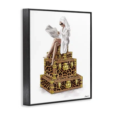 Stupell Industries Reading Atop Suitcases Framed Giclee, Design By Ziwei Li In Midnight Black Framed Giclee