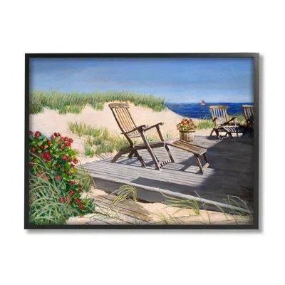 Stupell Industries Relaxing Waterfront Boardwalk Beach Chairs Summer Scene By Tom Mielko - Picture Frame Painting On Wo In Midnight Black Framed Giclee