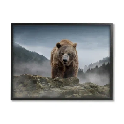 Stupell Industries Roaring Brown Grizzly Bear Rocky Mountain Top View - Floater Frame Photograph On Canvas In Midnight Black Framed Giclee