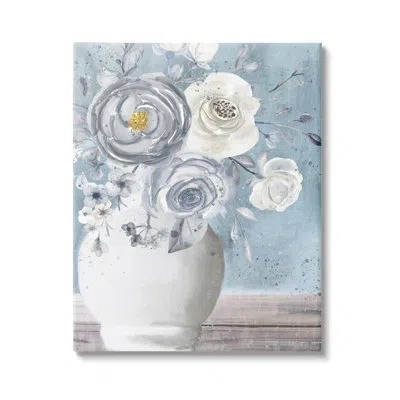 Stupell Industries Round Flower Blossom Bouquet Blue Paint Speckles By Kim Allen - Floater Frame Painting On Canvas In Wrapped Canvas