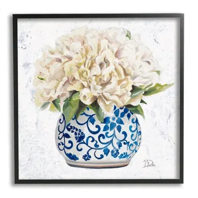 Stupell Industries Round White Floral Blooms Ornate Patterned Vase By Patricia Pinto - Floater Frame Painting On Canvas In Midnight Black Framed Giclee