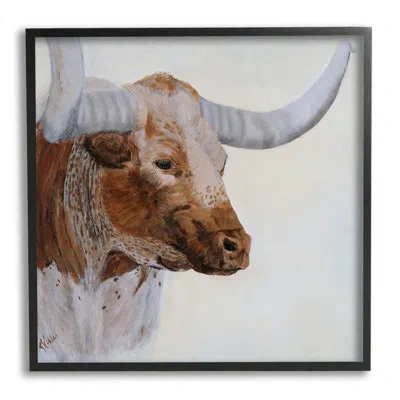 Stupell Industries Rural Longhorn Cow Face Portrait By Kathy Winkler - Floater Frame Painting On Wood In Midnight Black Framed Giclee