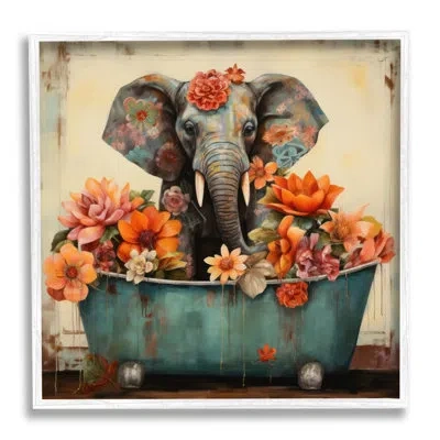 Stupell Industries Rustic Floral Tub Elephant Single Picture Frame Print On Canvas In Coastal White Framed Giclee
