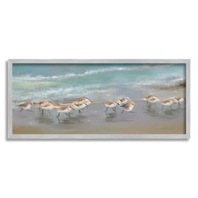 Stupell Industries Sandpiper Flock Shoreline Splashing By Rick Novak - Floater Frame Painting On Wood In Farmhouse Gray Framed Giclee
