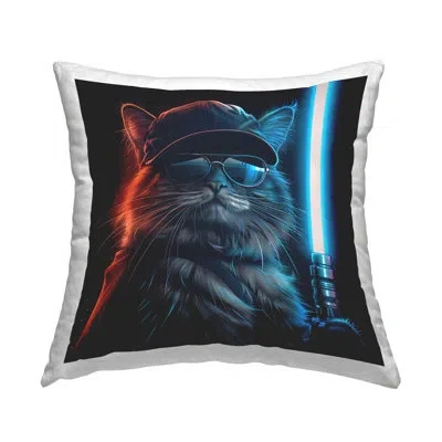 Stupell Industries Sci-fi Cat With Glowing Saber Design By Jim Baldwin Throw Pillow In Blue