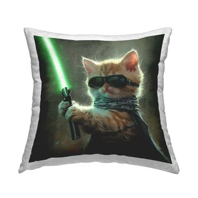 Stupell Industries Sci-fi Kitten With Saber Design By Jim Baldwin Outdoor Printed Pillow In Green