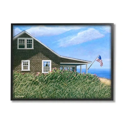 Stupell Industries Seaside House American Flag Peaceful Coastal Home By Tom Mielko - Floater Frame Painting On Canvas In Midnight Black Framed Giclee