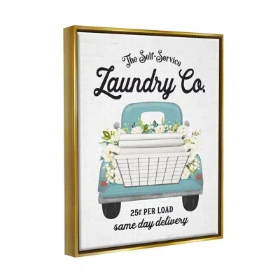 Stupell Industries Self Service Laundry Co. Antique Truck Flower Arrangement By Lettered And Lined - Floater Frame Prin In Metallic Gold Floater Frame