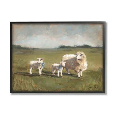 Stupell Industries Sheep And Lamb Family Rural Grazing By Sara Baker - Floater Frame Painting On Wood In Midnight Black Framed Giclee