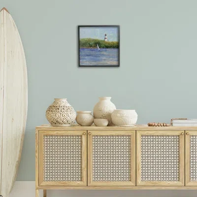 Stupell Industries Single Sailboat & Lighthouse Framed Giclee Art, Design By Tim Coffey In Midnight Black Framed Giclee