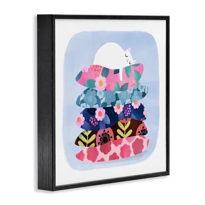 Stupell Industries Sleepy Cat On Patterned Pillows Framed Giclee, Design By Angie Rozelaar In Blue