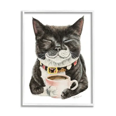 Stupell Industries Smiling Cat & Coffee Mug Framed On Wood Graphic Art In Coastal White Framed Giclee