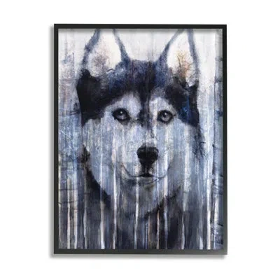 Stupell Industries Smiling Husky Dog Rustic Birch Tree Overlay By Kamdon Kreations - Floater Frame Graphic Art On Canva In Midnight Black Framed Giclee