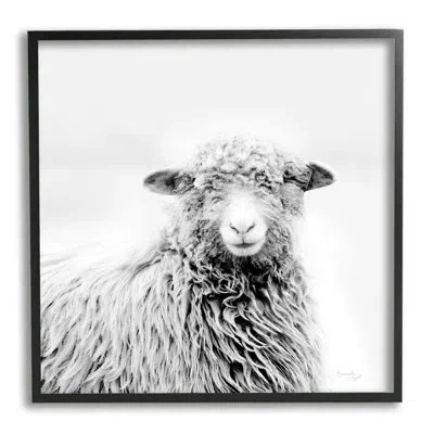 Stupell Industries Smiling Sheep Face Monochrome Farm Animal Portrait - Floater Frame Photograph On Canvas In Midnight Black Framed Giclee