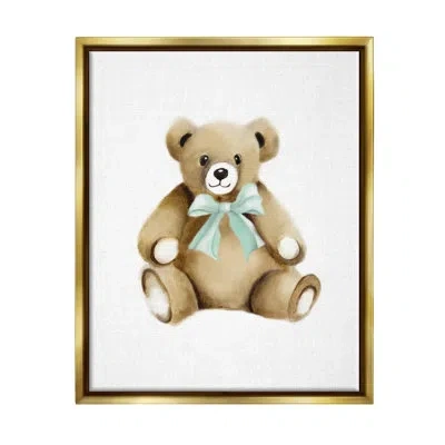 Stupell Industries Smiling Teddy Bear Bow Stuffed Animal Sitting By Studio Q - Floater Frame Print On Canvas In Metallic Gold Floater Frame