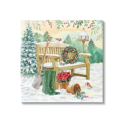 Stupell Industries Snowy Bench Seasonal Holly Plants On Canvas Painting In White;green