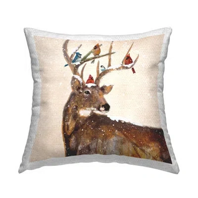 Stupell Industries Snowy Birds Perched Reindeer Antlers Outdoor Printed Pillow By Ruane Manning In Brown;red;beige