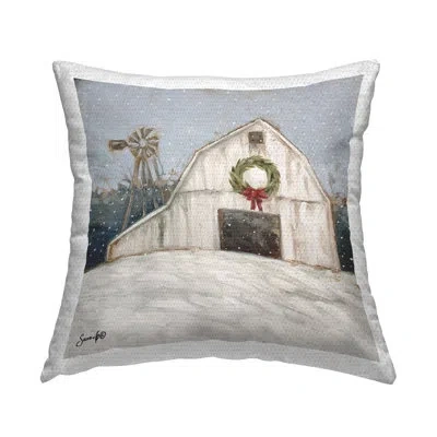 Stupell Industries Snowy Country Barn Holiday Outdoor Printed Pillow By Sara G. Designs In White;gray