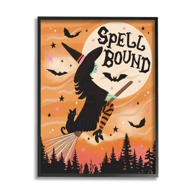 Stupell Industries " Spell Bound Witch Flying Moonlit Sky " By Lisa Perry Whitebutton In Midnight Black Framed Giclee