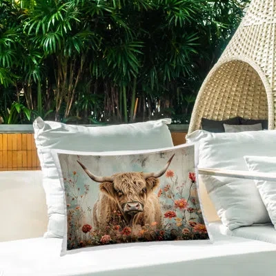 Stupell Industries Spring Blooms Highland Cow Outdoor Printed Pillow By Lsr Design Studio In Brown