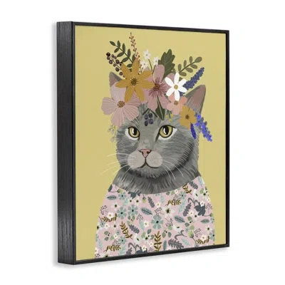 Stupell Industries Spring Cat Floral Portrait Framed Giclee, Design By Mia Charro In Midnight Black Framed Giclee