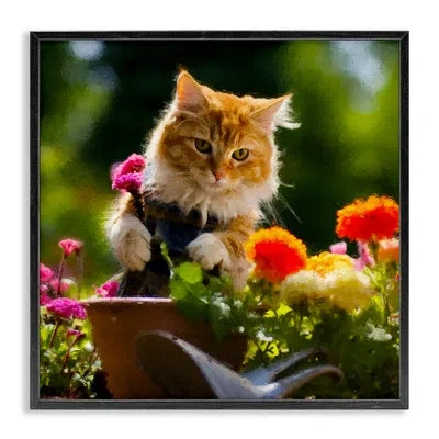 Stupell Industries Spring Gardener Kitten Giclee Art By Sean Parnell In Midnight Black Framed Giclee