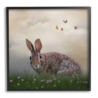 Stupell Industries Spring Rabbit Meadow Butterflies By Kelley Parker - Floater Frame Photograph On Wood In Midnight Black Framed Giclee