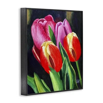 Stupell Industries Spring Tulips In Red Giclee Art, Design By Sarah Waldron Kimball In Midnight Black Framed Giclee