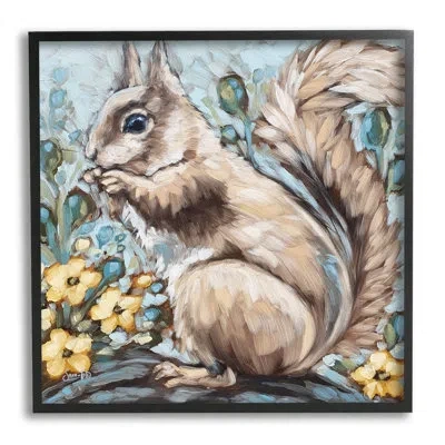 Stupell Industries Squirrel Forest Flower Blossoms By Sara G. Designs - Floater Frame Painting On Wood In Midnight Black Framed Giclee