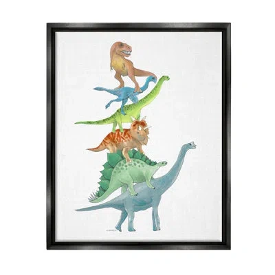 Stupell Industries Stacked Dinosaurs Balancing T-rex Stegosaurus By Dishique - Floater Frame Print On Canvas In Jet Black Floater Frame