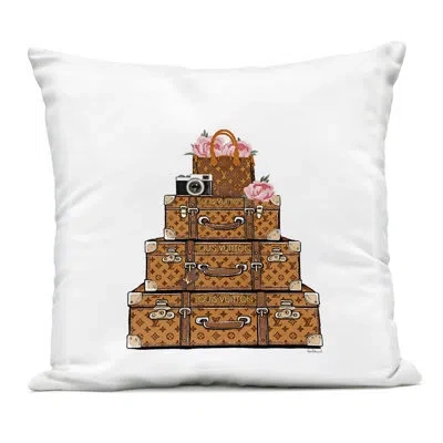 Stupell Industries Stacked Luggage With Floral Handbag Outdoor Printed Pillow, Design By Amanda Greenwood In Brown