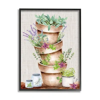 Stupell Industries Stacked Potted Herbs Garden - Floater Frame Graphic Art On Wood In Midnight Black Framed Giclee