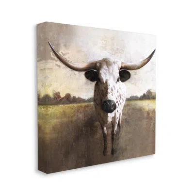 Stupell Industries Striking Longhorn Cattle Warm Sunlight Farmland Grass By White Ladder In Wrapped Canvas