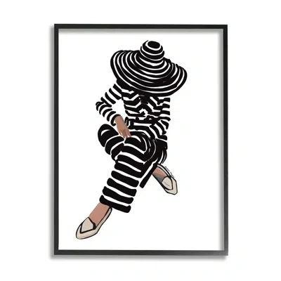 Stupell Industries Stripes Pattern Woman Sitting Fashion Portrait By Amelia Noyes - Picture Frame Graphic Art On Wood In Midnight Black Framed Giclee