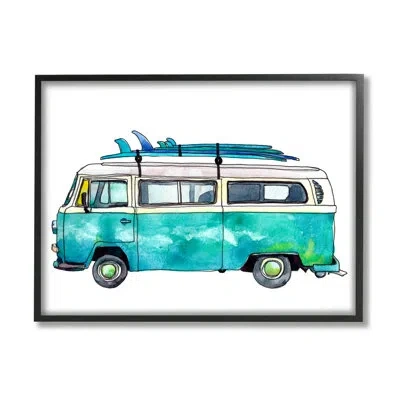 Stupell Industries Summer Vacation Surfboard Van By Paul Mccreery - Floater Frame Graphic Art On Wood In Midnight Black Framed Giclee