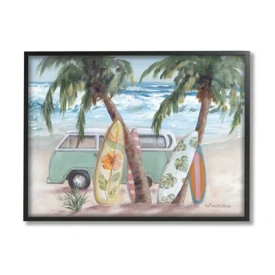 Stupell Industries Summer Waves Tropical Van Surfboards By Pam Britton - Floater Frame Painting On Wood In Midnight Black Framed Giclee