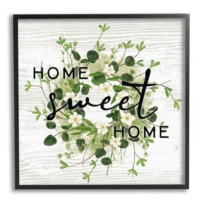 Stupell Industries Sweet Home Floral Greenery Wreath By Ziwei Li - Floater Frame Graphic Art On Canvas In Midnight Black Framed Giclee