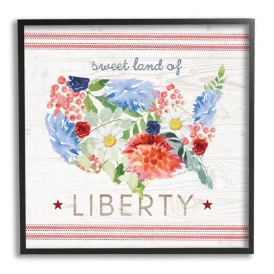 Stupell Industries Sweet Land Of Liberty Floral Usa By Jennifer Pugh - Floater Frame Graphic Art On Wood In Midnight Black Framed Giclee