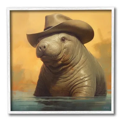 Stupell Industries " Swimming Manatee With Hat Single Picture Frame " By Rb On Canvas In Coastal White Framed Giclee