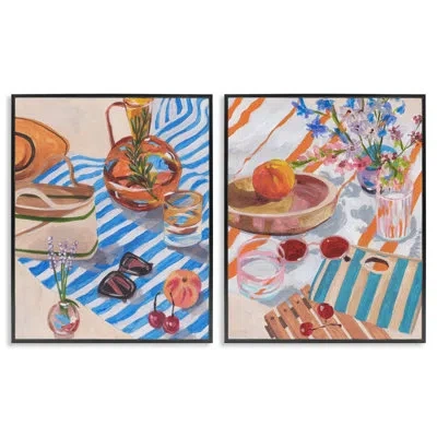 Stupell Industries Tangerine Tides Blanket 2 Piece Giclee Art Set, Design By Melissa Wang In Midnight Black Framed Giclee