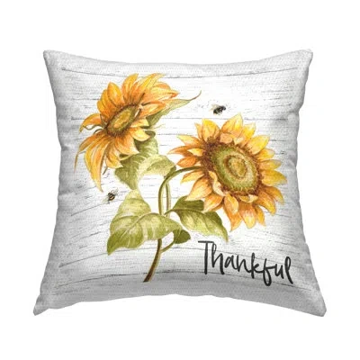 Stupell Industries Thankful Text Country Sunflowers Bumble Bees Outdoor Printed Pillow By Patricia Pinto In Green;gray;yellow