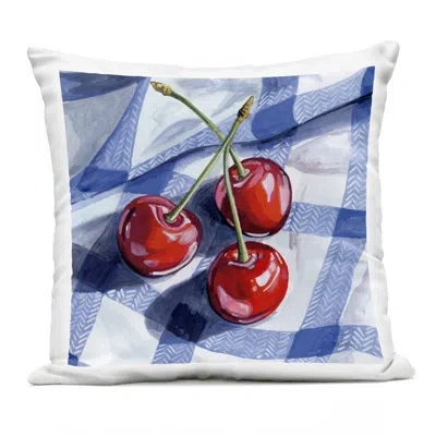 Stupell Industries Three Picnic Cherries On Gingham Outdoor Printed Pillow, Design By Kate Jarvik Birch, 18 X 7 X 18 In Blue